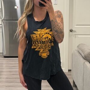 Black Graphic Muscle Tank with Yellow Distressed Print